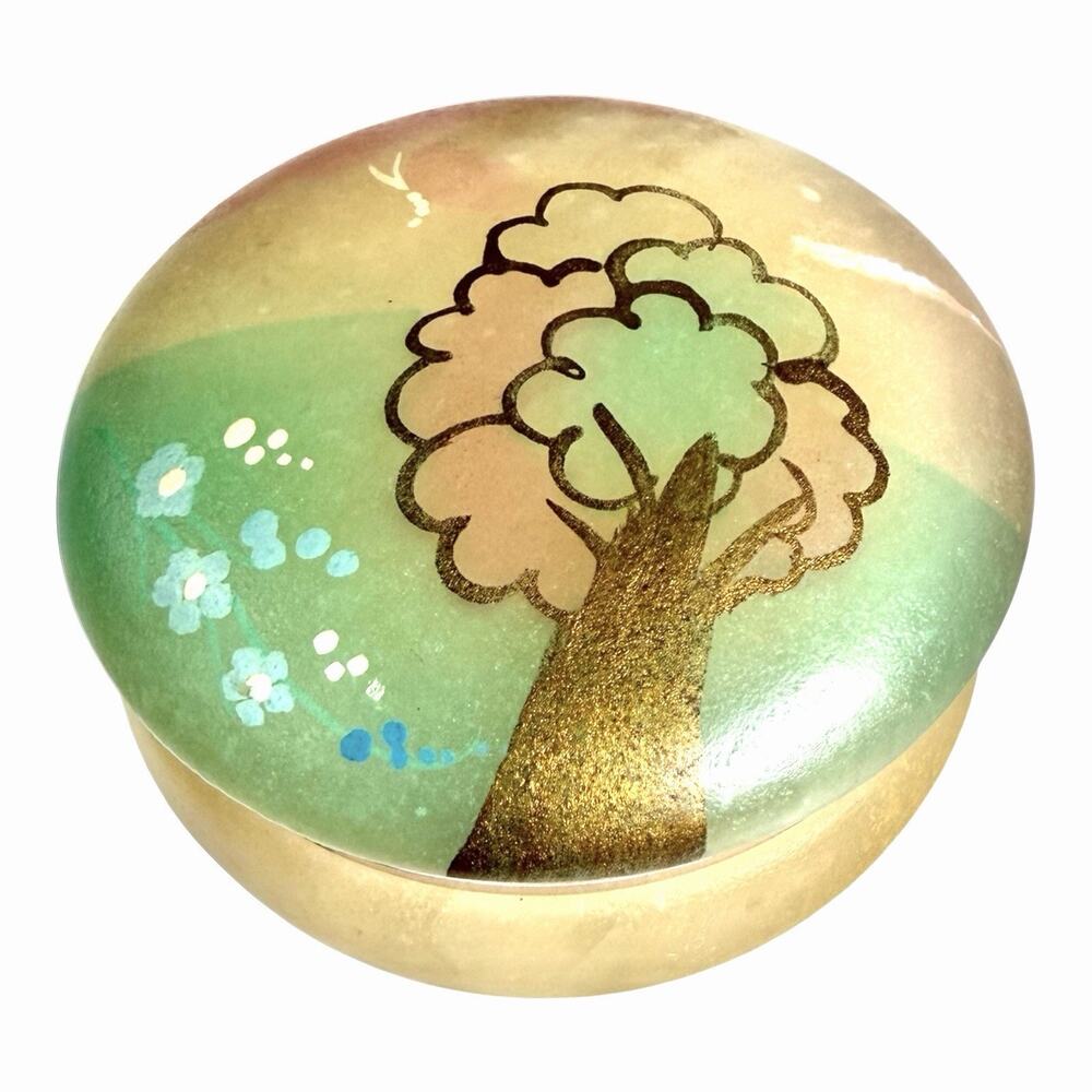 VTG Alabaster Ducceschi Trinket Box Stone Hand Carved & Painted Italy 3.5”x1.75”